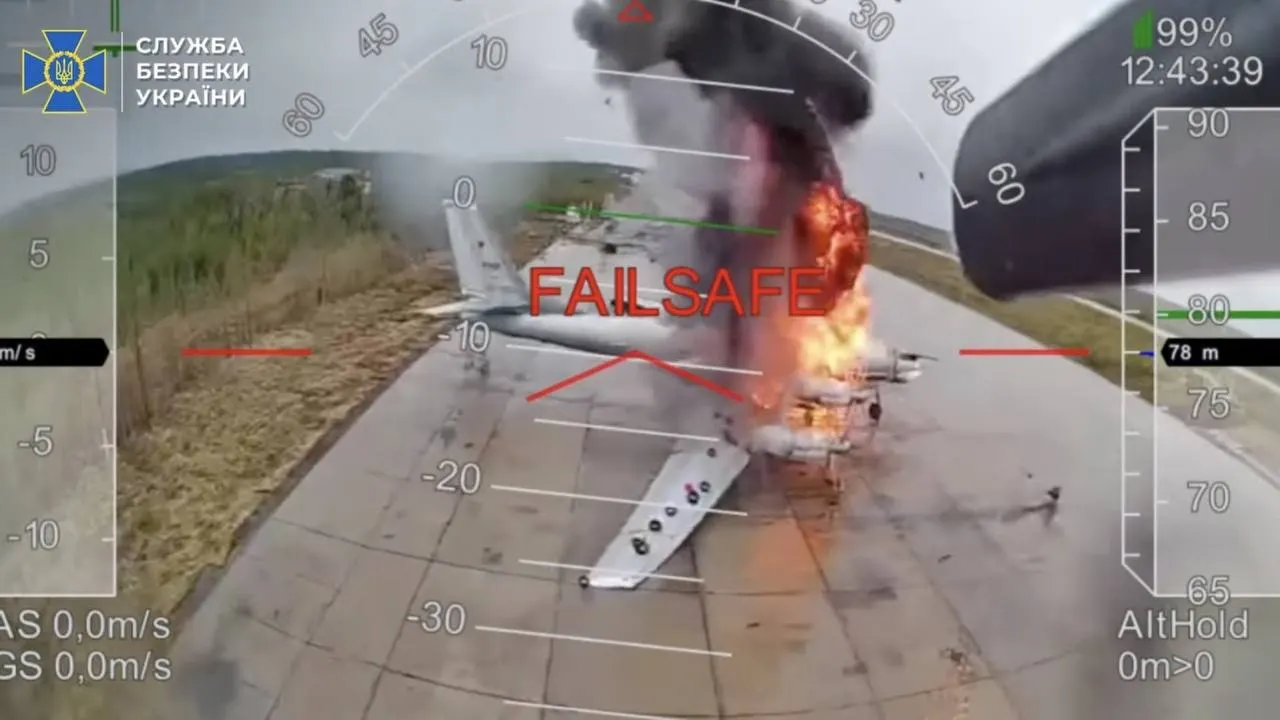 A first-person view from a Ukrainian drone diving onto a burning Tu-95 bomber on an airfield, with flight data overlaid and the word FAILSAFE across the screen