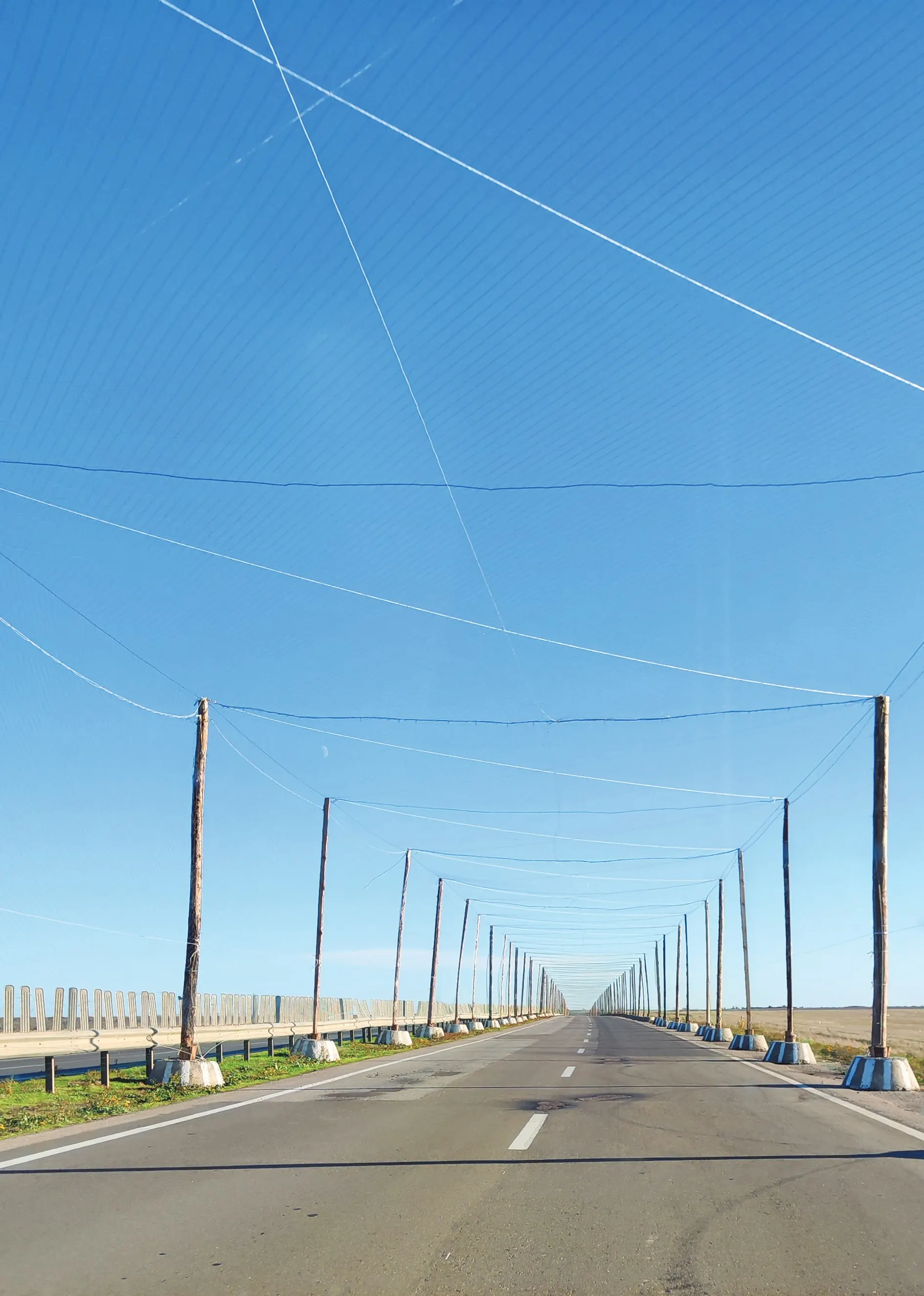 A straight road near Kherson running under a long tunnel of anti-drone netting strung between poles, under a clear blue sky