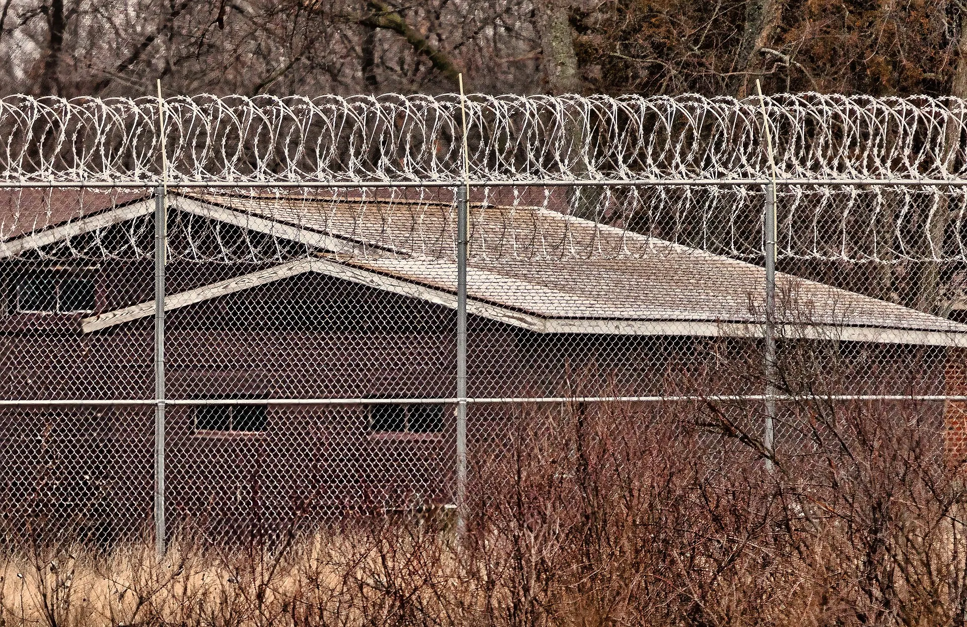 Coils of razor wire on top of a chain-link prison fence, with a brick building behind it