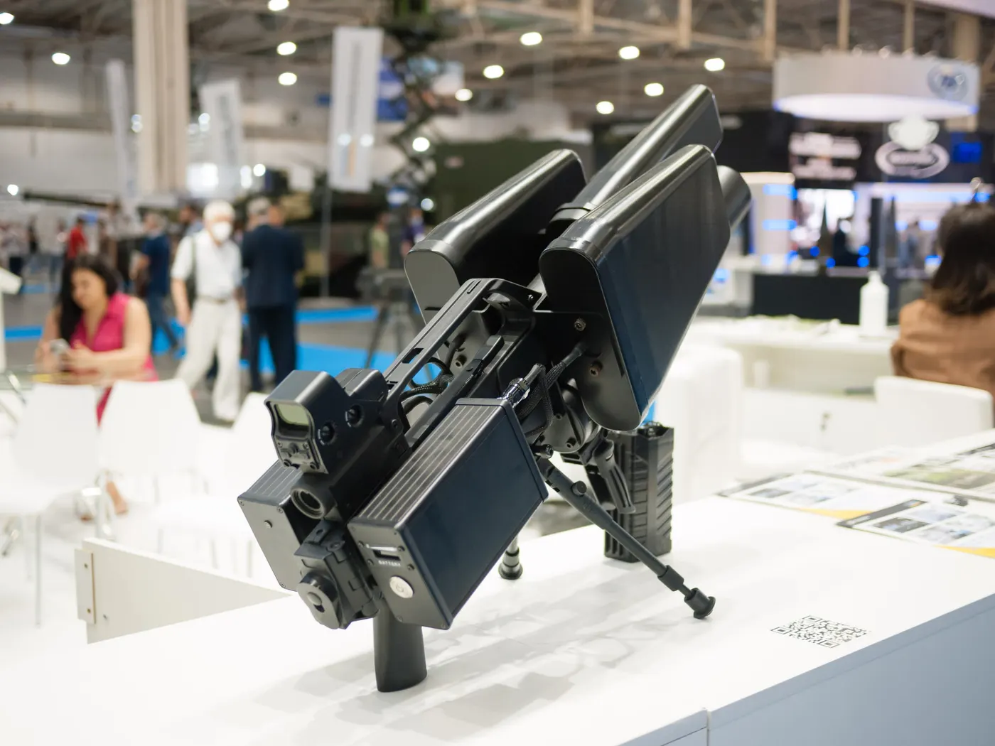 An EDM4S handheld anti-drone jamming gun with flat antenna panels on display at a defence fair in Kyiv